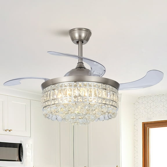 More Change 42" Invisible LED 3-Color Ceiling Fan Light Silver Crystal Chandelier w/remote for Living Dinning Room