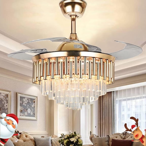 More Change 42" Remote Control Invisible LED Ceiling Fan Lamp Luxury Gold Crystal Chandelier
