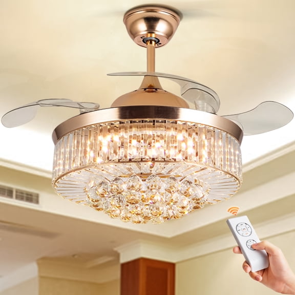 More Change 42" Rose Gold Invisable Ceiling Fan Lamp Remote LED Crystal Lighting Chandeliers