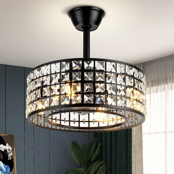 More Change Industrial 4-Light Crystal Chandelier 5 Blades Ceiling Fan Lamp w/Remote Control