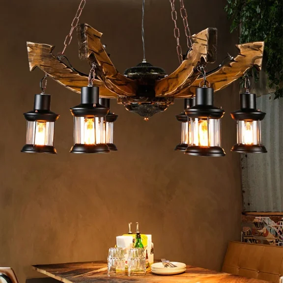 More Change Industrial Vintage Farmhouse Wooden Hanging Pendant Island Light Retro Loft Lantern Chandelier 6 Lights
