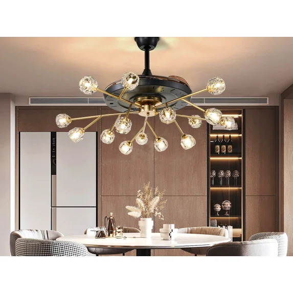 More Change Modern Sputnik Chandelier 15-Light 42" Crystal Ceiling Fan Retractable w/Remote