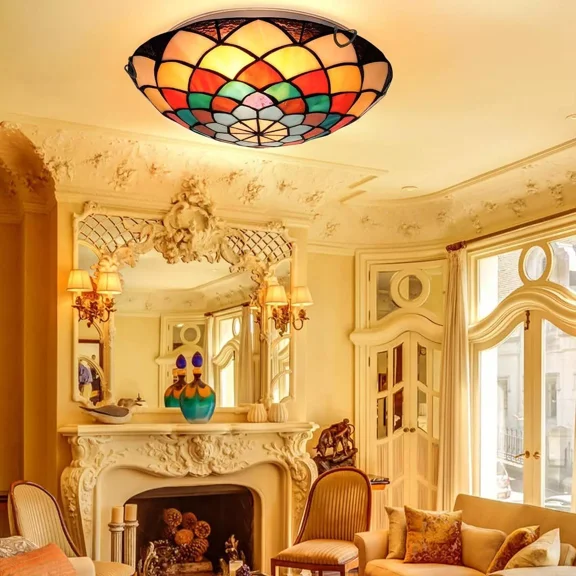 More Change Retro Tiffany Style Ceiling Light Stained Glass Flush Mount Ceiling Lamp Fixture