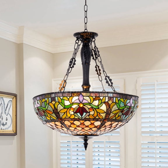 More Change Rustic Stained Glass Pendant Lamp Chandelier 5-Light Ceiling Ligthing Fixtures,E26 Base,Bulb is not included