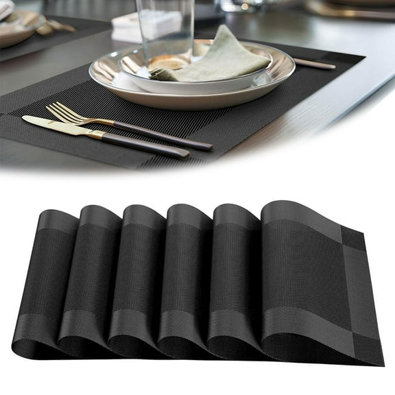 More Décor Dining Table Placemats Washable Heat PVC Vinyl Table Mats For Dining Room And Kitchen Anti Slip Set Of 6 Black