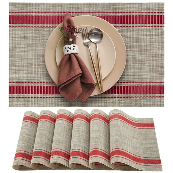 More Décor Dining Table Placemats, Washable Heat-Resistant PVC Vinyl Table Mats for Dining Room and Kitchen, Anti-Slip - Set of 4 - Horizontal Striped Red - Grey