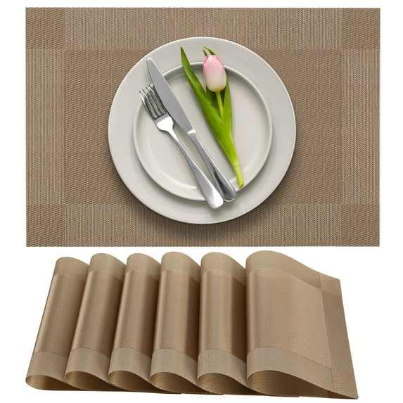 More Décor Dining Table Placemats, Washable Heat-Resistant PVC Vinyl Table Mats for Dining Room and Kitchen, Anti-Slip - Set of 4 - Brown