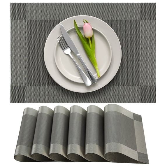 More Décor Dining Table Placemats, Washable Heat-Resistant PVC Vinyl Table Mats for Dining Room and Kitchen, Anti-Slip - Set of 4 - Grey