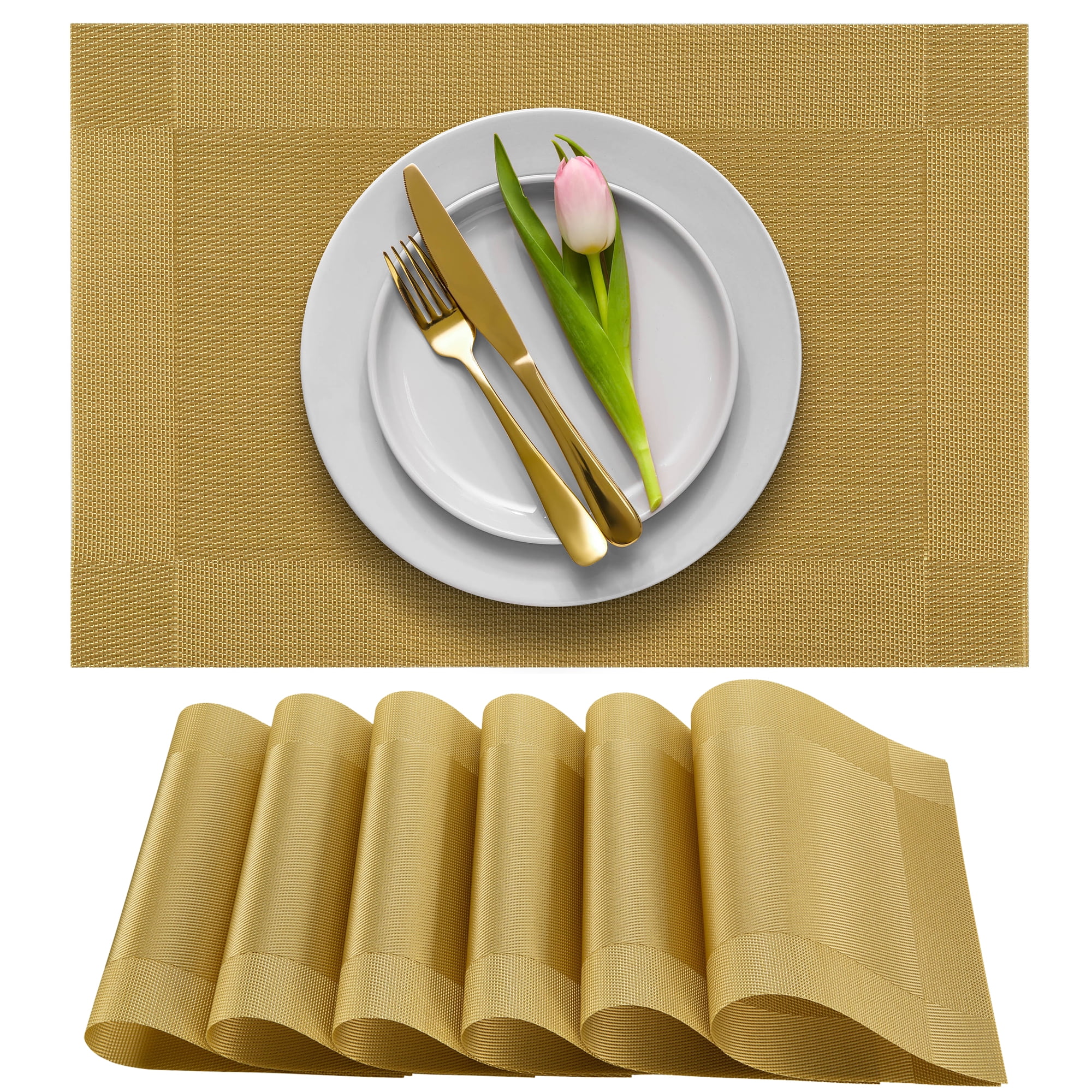 Gold Washable Heat-Resistant PVC Vinyl Dining Placemats - Set of 6