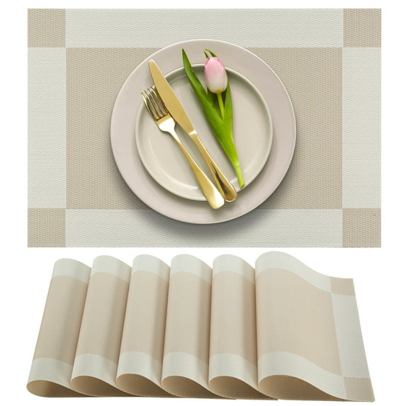 More Décor Dining Table Placemats, Washable Heat-Resistant PVC Vinyl Table Mats for Dining Room and Kitchen, Anti-Slip - Set of 6 - Ivory