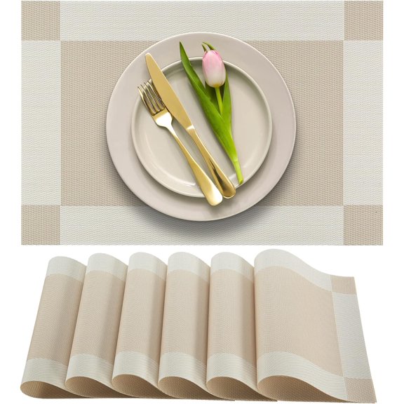 Décor Dining Table Placemats, Washable Heat-Resistant PVC Vinyl Table Mats for Dining Room and Kitchen, Anti-Slip - Set of 6 - Ivory