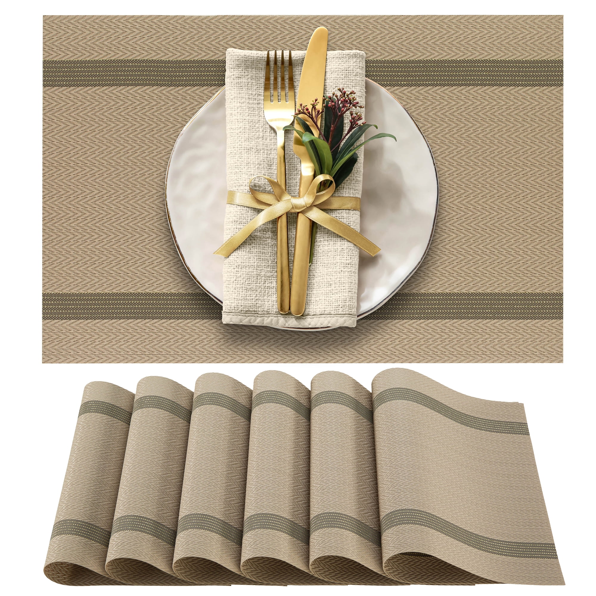 Khaki Heat-Resistant PVC Vinyl Dining Placemats, Set of 6