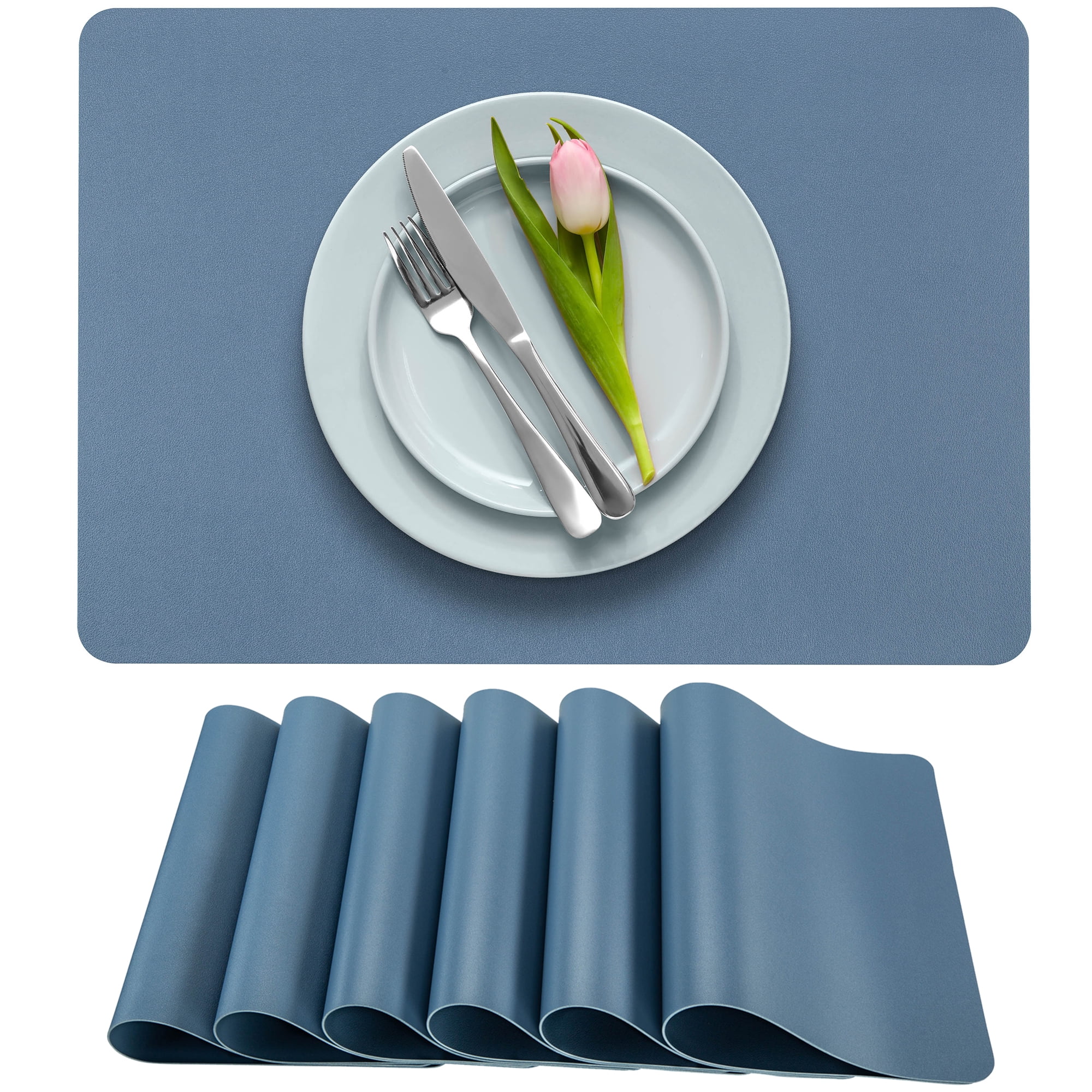 Solid Blue Faux Leather Rectangle Placemats, Set of 6