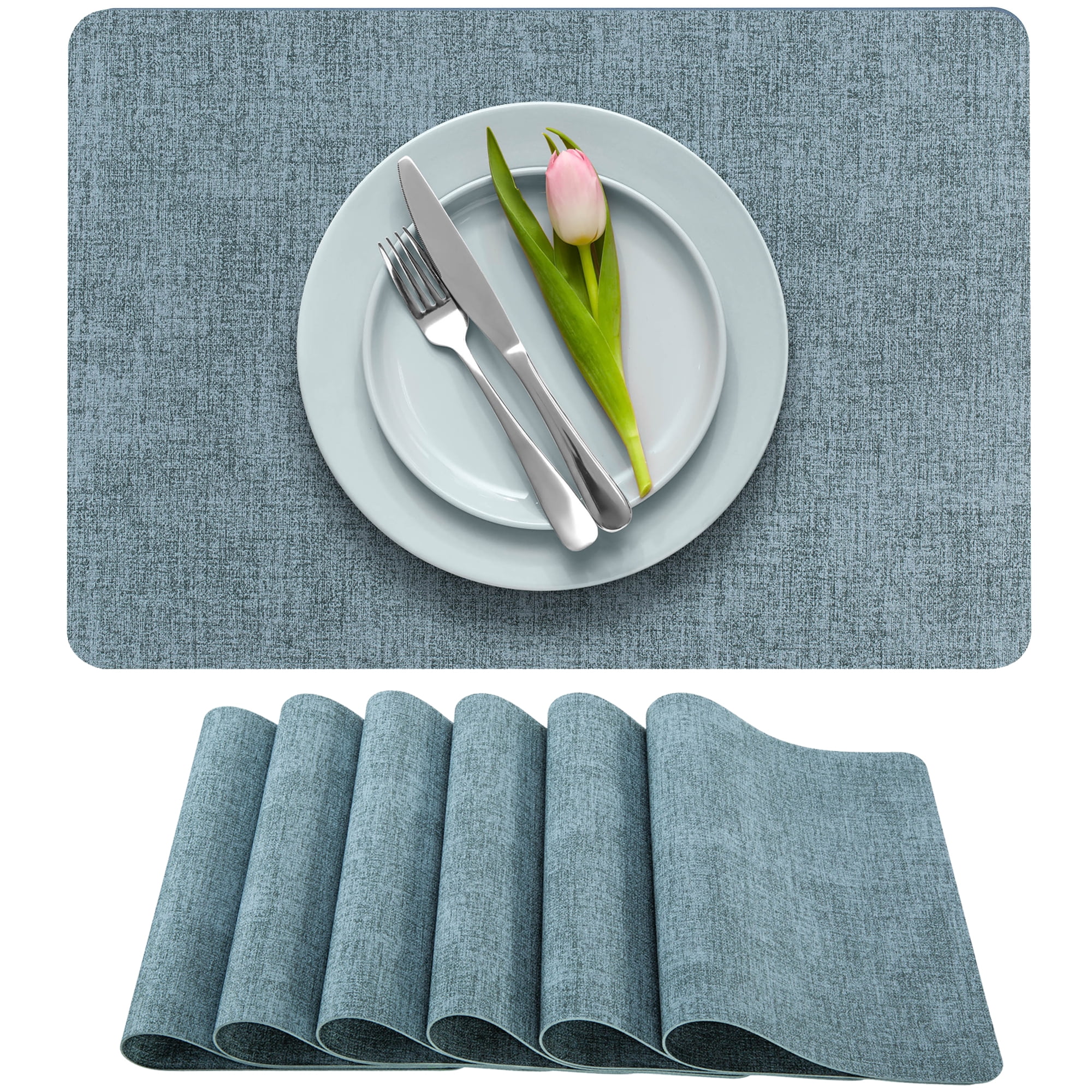 More Décor Faux Leather Placemats for Dining and Kitchen Table - Stain and Heat Resistant, Non Slip, Wipeable, Washable - Set of 4 - Blue