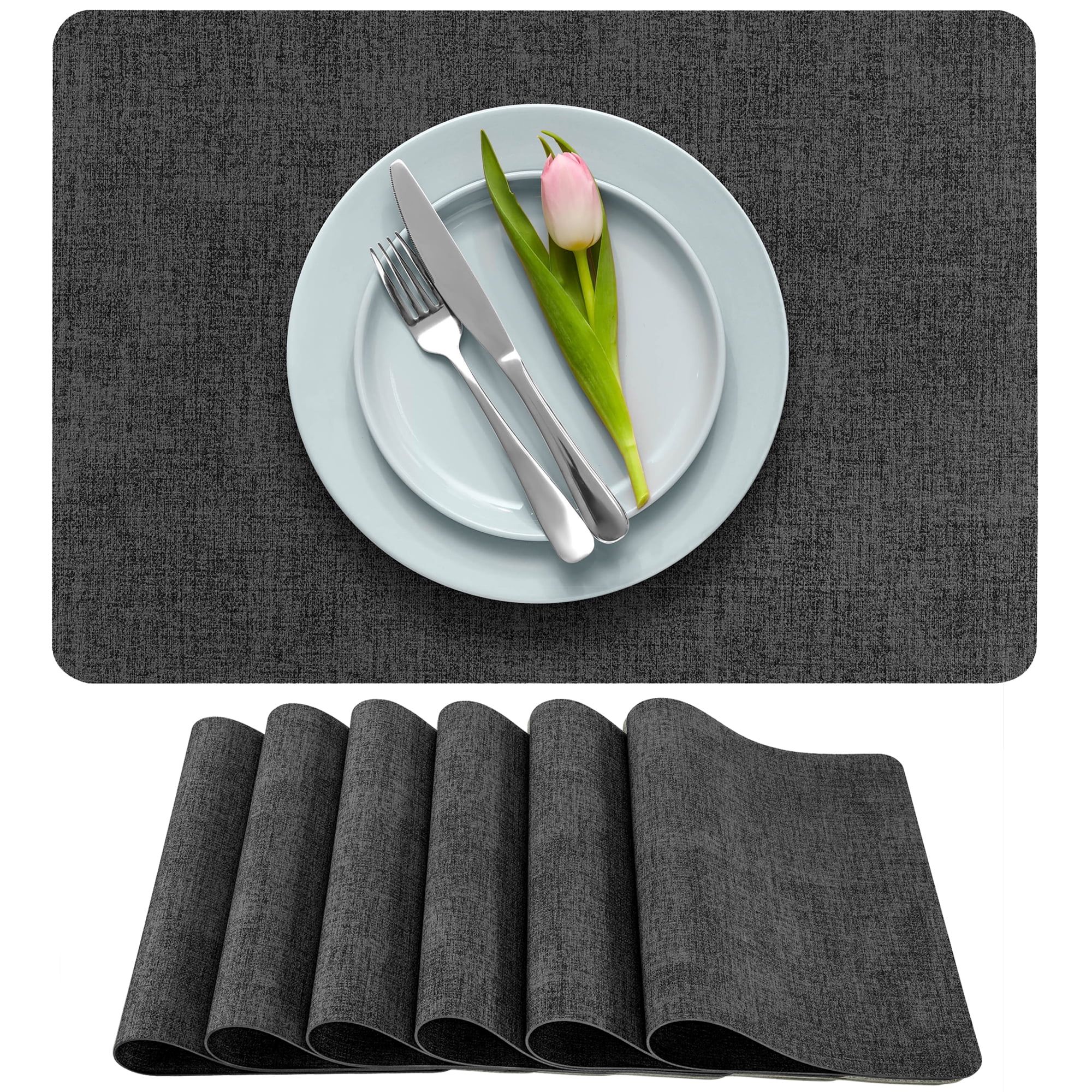 More Décor Faux Leather Placemats for Dining and Kitchen Table - Stain and Heat Resistant, Non Slip, Wipeable, Washable - Set of 4 - Dark Grey