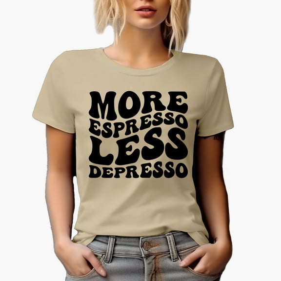 More Espresso, Less Depresso, Caffeine Fix Pun Quote, Groovy Retro Wavy Text Merch Gift, Tan T-Shirt, Medium