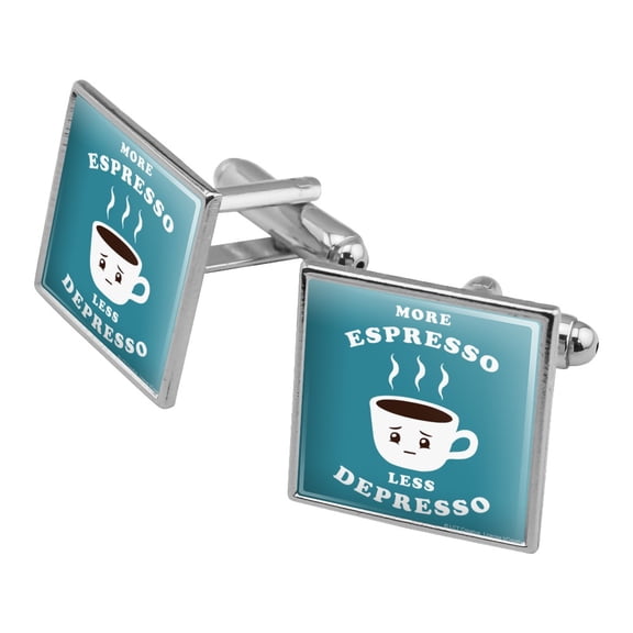 More Espresso Less Depresso Depression Coffee Funny Humor Square Cufflink Set - Silver or Gold