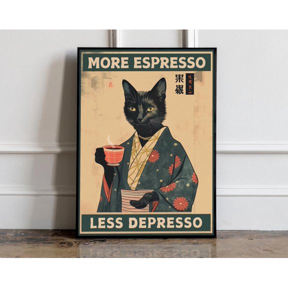 More Espresso Less Depresso, Funky Kitchen Print, Coffee Prints, Retro Print, Japanese Cat Poster, Cat Lovers Gift, Animal Wall Decor, 24x36 UNFRAMED