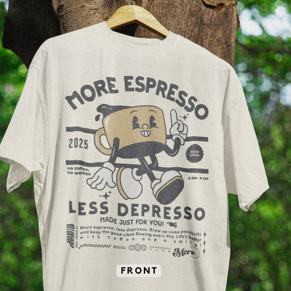 More Espresso Less Depresso T-Shirt – Retro Coffee Graphic Tee, Aesthetic Front Print Shirt for Coffee Lovers & Baristas