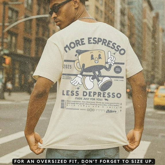 More Espresso Less Depresso T-Shirt – Retro Coffee Graphic Tee, Aesthetic Tee for Coffee Lovers & Baristas, Vintage Ivory