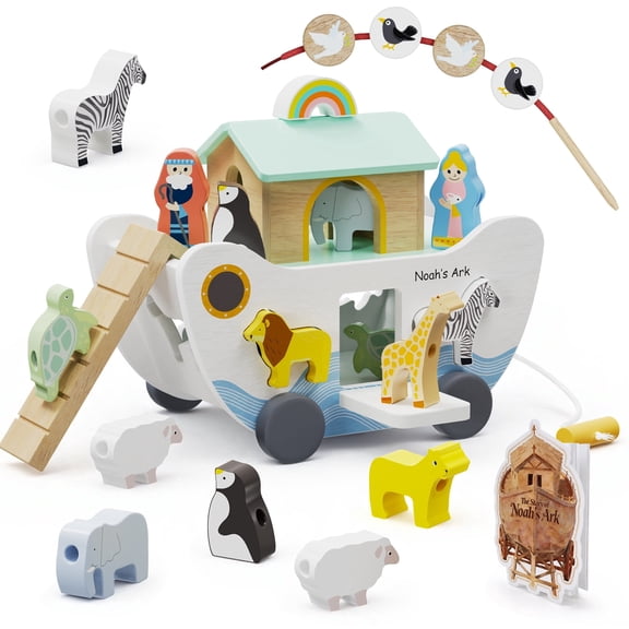More Feel Noah's Ark Wooden Shape Sorter Push Pull Toy, Montessori Animal Matching Set, Baptism Gift for Boys Girls 18M+
