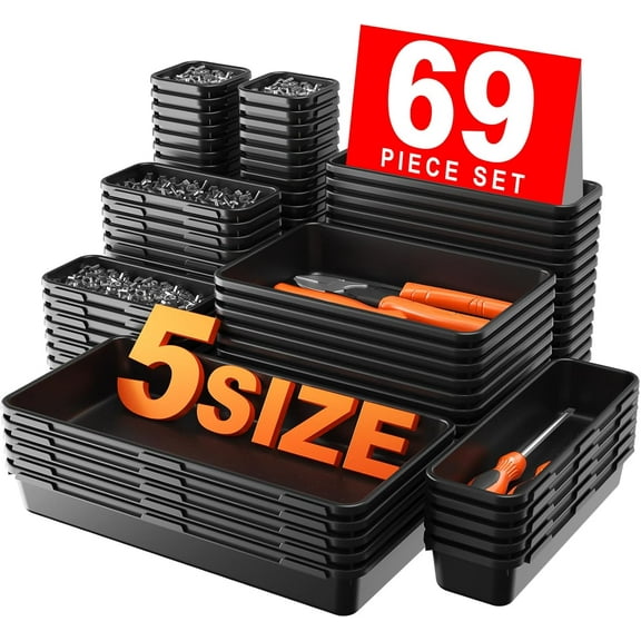 More Larger Size69 PCS-5 Size Tool Box Organizer Tray Divider SetBlack Desk Drawer Organizer Bin, Garage Organization and Storage Toolbox for Rolling Tool Chest Cart WorkBench Part Widget