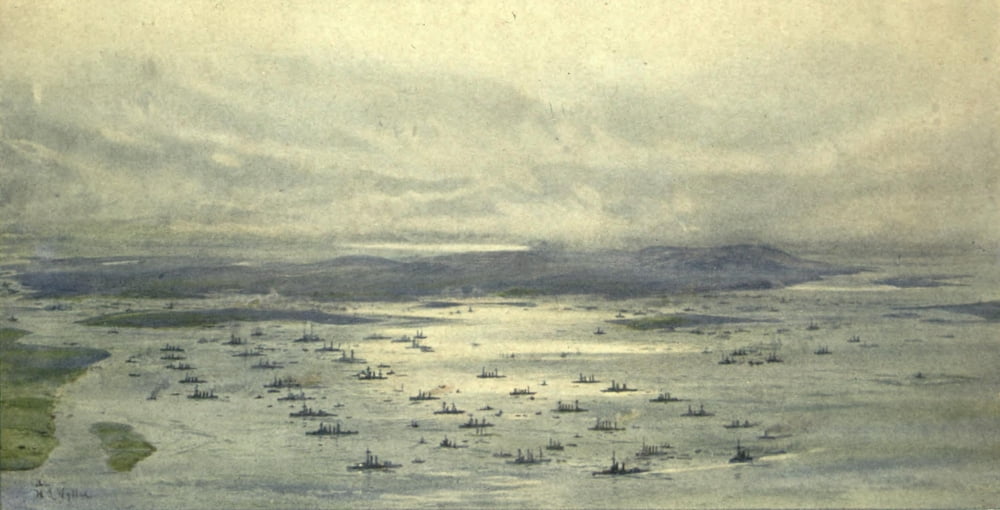 More Sea-fights of the Great War 1919 Grand fleet in Scapa Flow Canvas Art - William Wyllie (18 x 24)