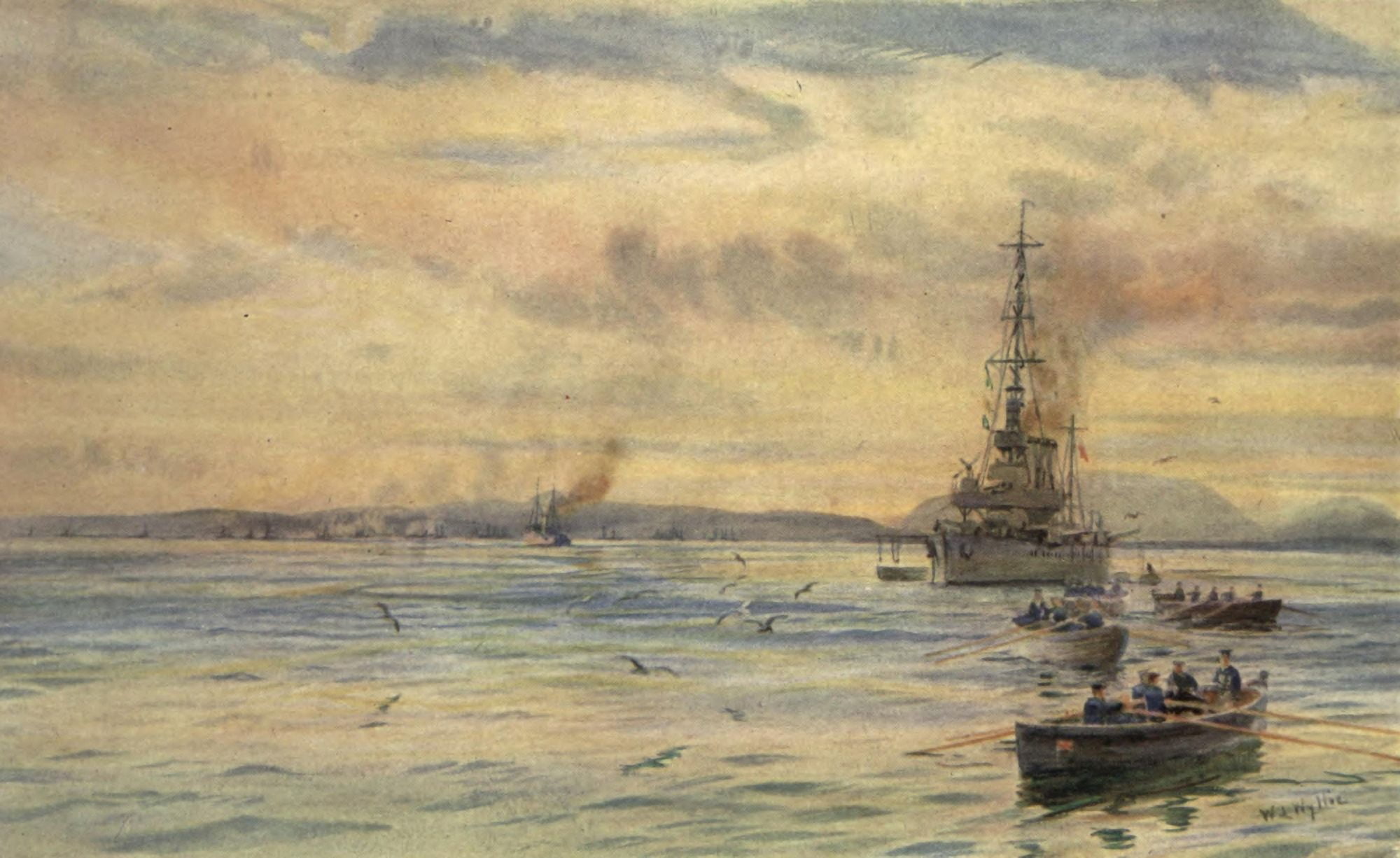 More Sea-fights of the Great War 1919 Light cruiser off Scapa pier Canvas Art - William Wyllie (24 x 36)
