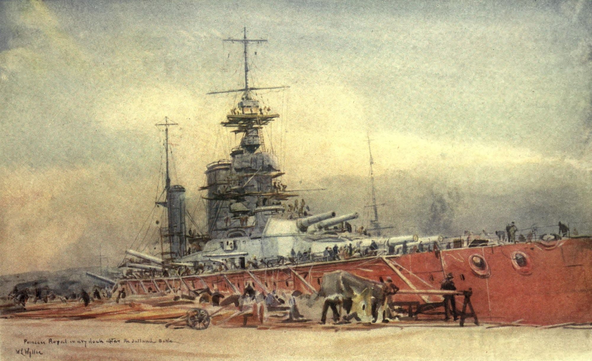 More Sea-fights of the Great War 1919 Princess Royal in dry dock Canvas Art - William Wyllie (24 x 36)