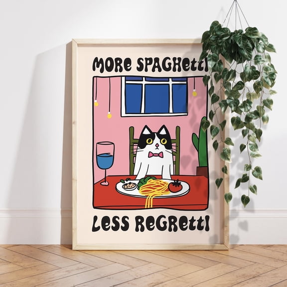 More Spaghetti Less Regretti Cat Retro Diner Kitchen Wall Decor, Unframed Paper Poster 8x10in