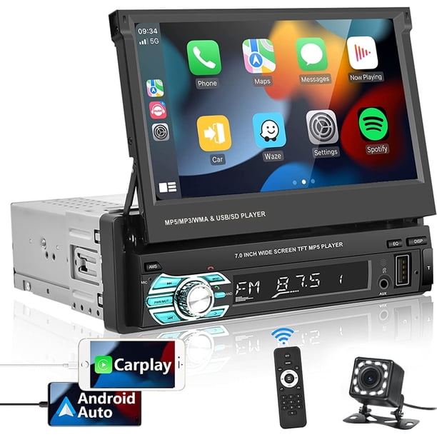 EZoneTronics Type C&USB Single Din Carplay& Android Auto Car Radio 7 Inch Flip Out Touchscreen Bluetooth/Backup Camera//FM/RDS MP5 Player