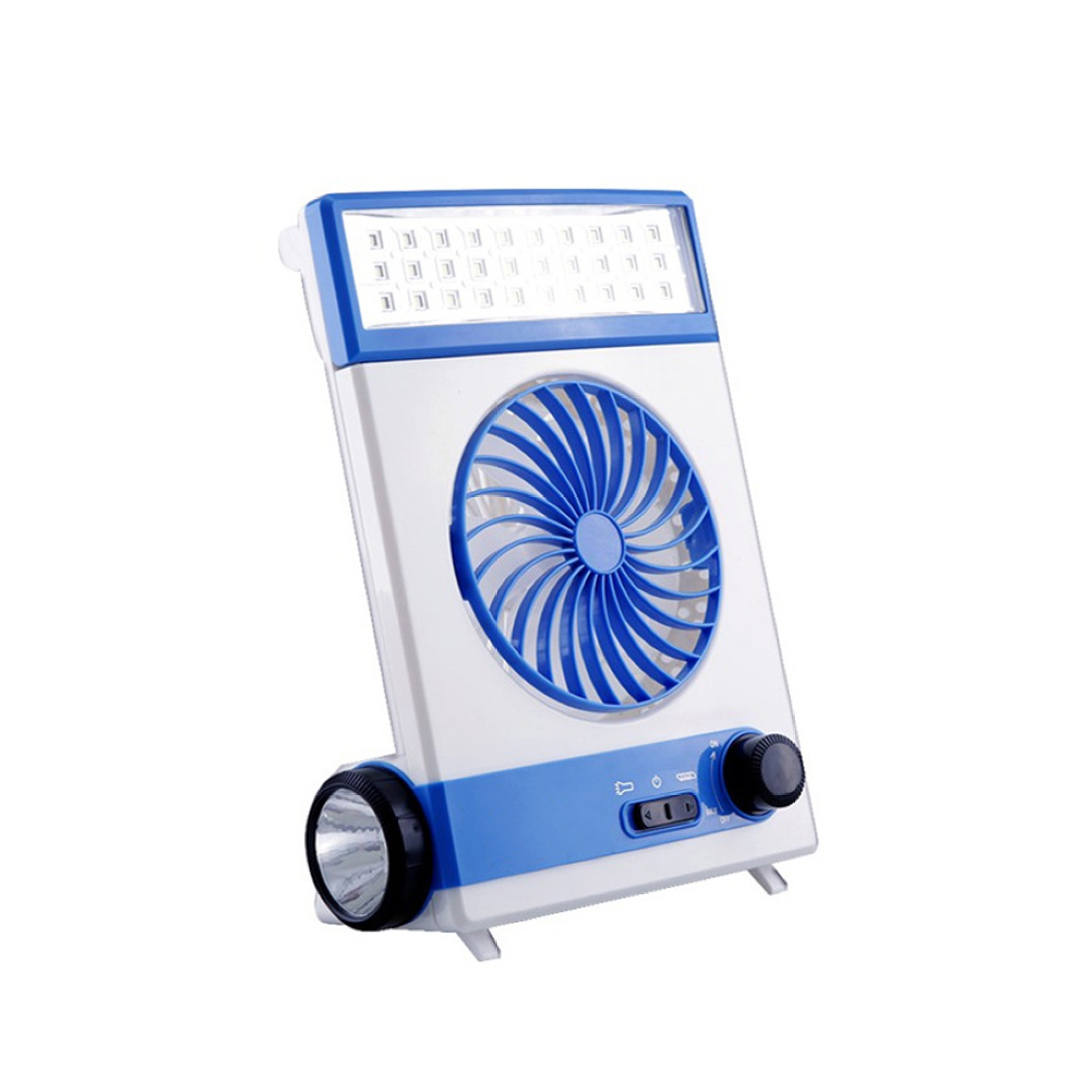 MoreChioce Solar Fan LED Desk Lamp Flashlight 3 in 1 Multifunctional Fan Portable Outdoor Camping Rechargeable Cooling Fan Blue