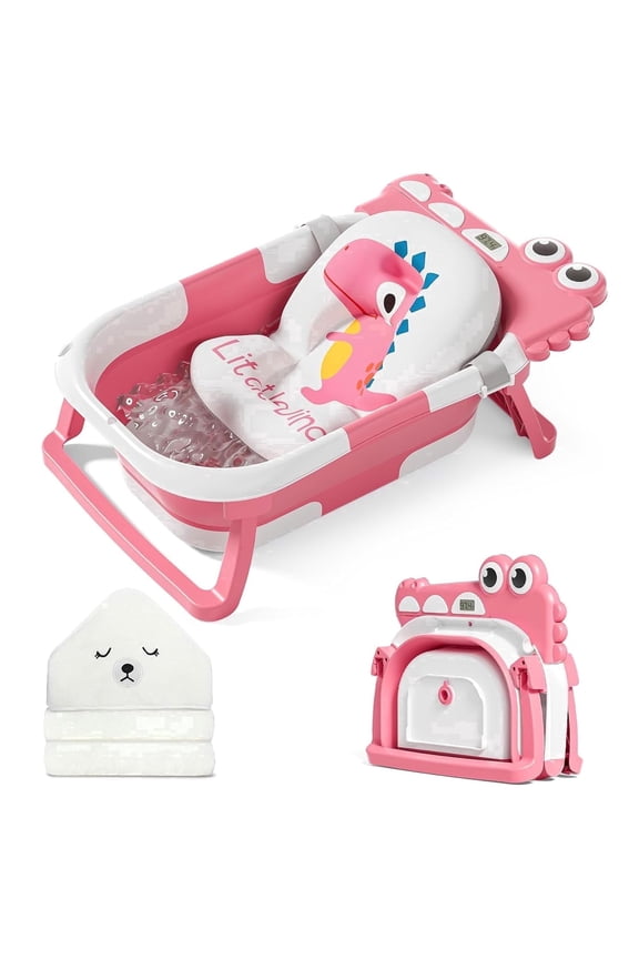 Foldable Baby Bathtub w/ Thermometer, Towel & Cushion, Portable