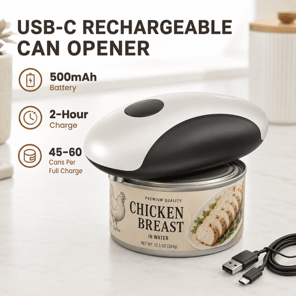 Moreblue One-Touch Automatic Electric Can Opener, USB-C Rechargeable Smooth Edge Can Opener, Hands-Free Kitchen Gadget for Seniors and Limited Hand Strength, Silver and Black