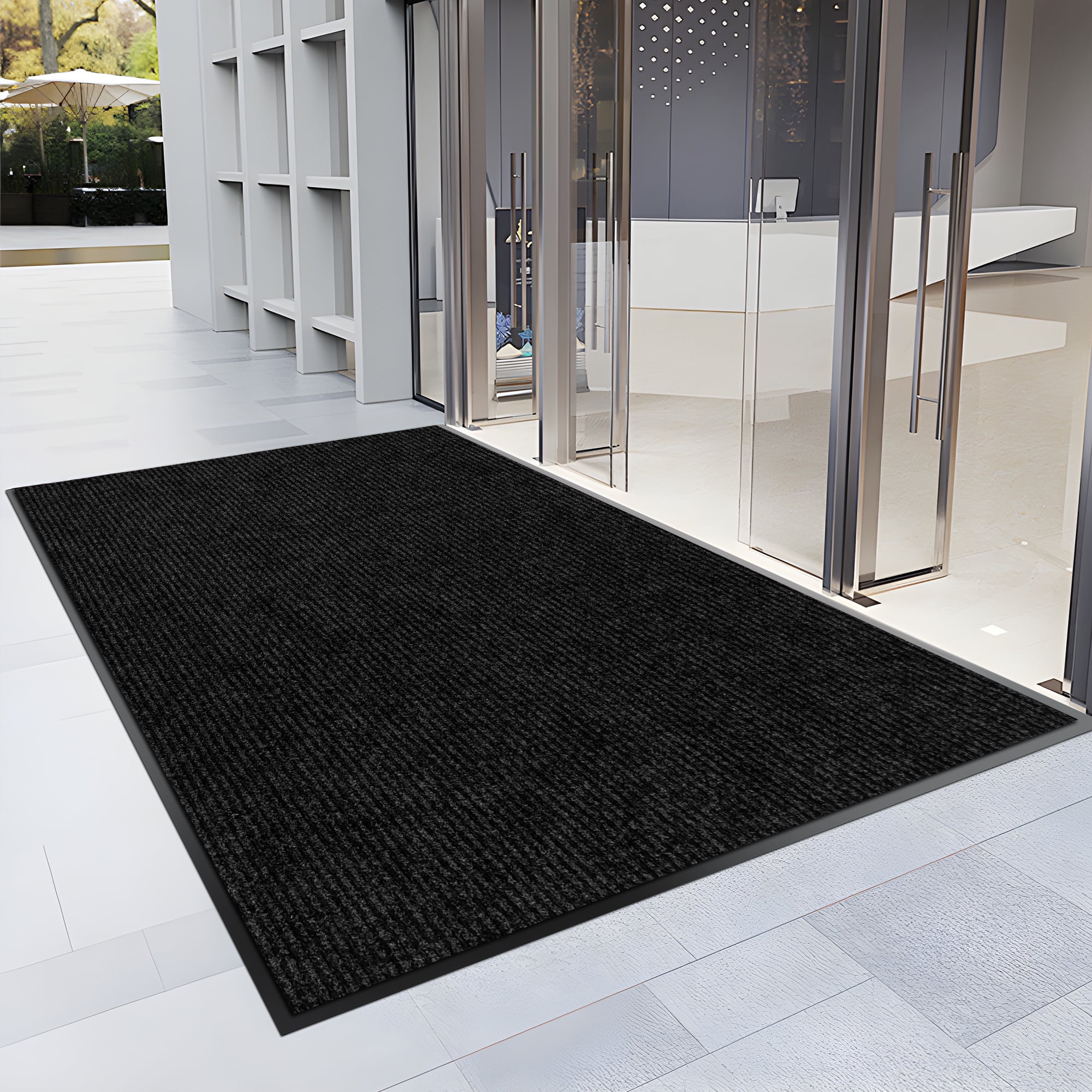 Morefany Front Door Mat Indoor Outdoor Entrance Commercial Doormat Welcome Mats Rubber Fade Resistant Non-Slip Backing for Patio Porch Entryway, 4'x9', Black