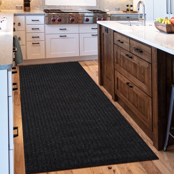 Morefany Indoor Area Runner Rug Outdoor Non-Slip Mats Rubber Backing Waterproof Carpet for Hallway Kitchen Entryway Garage Laundry Striped Black 2ft x 8ft