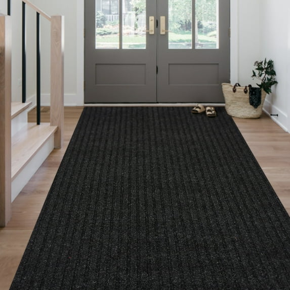 Morefany Outdoor Indoor Runner Rug Non-Slip Waterproof Stain-Resistant Hallway Carpet, Black Striped, 2ft x 10ft