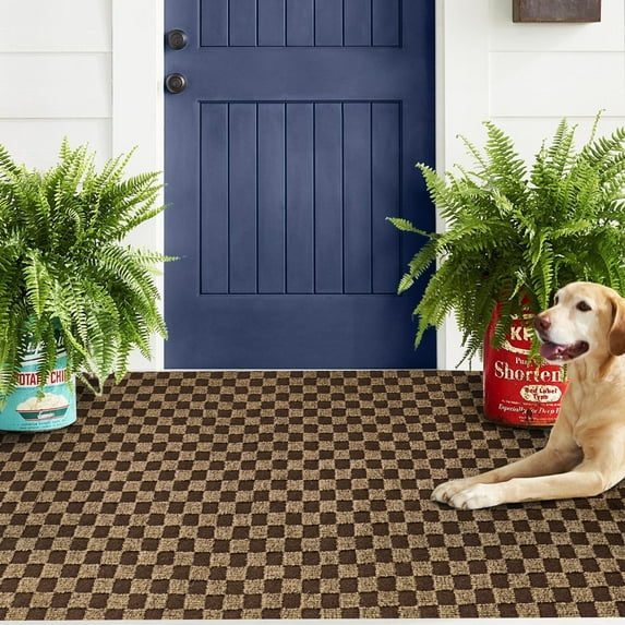 Morefany Runner Rugs Outdoor Indoor Area Rug with Rubber Backing Non Slip Carpet Custom Size Mat for Hallway Entryway Kitchen Garage Laundry checkered Brown 6' x 23'