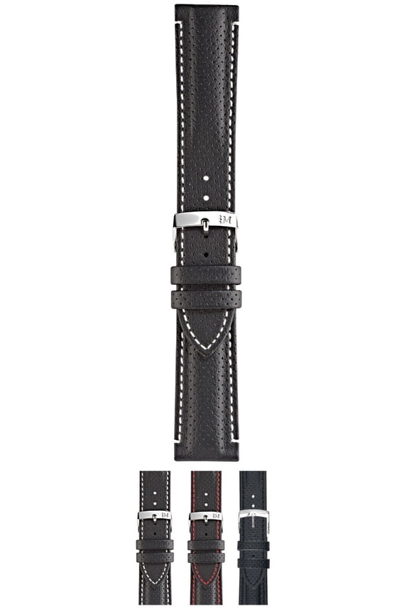 Race Genuine Water Resistant Leather Watch Strap - Black/White - 18mm - Chrome-plated Stainless Steel Buckle - SPORT Collection