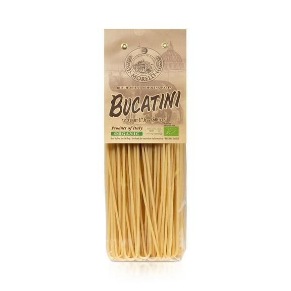 Morelli Bucatini Pasta Noodles - Premium Organic Italian Pasta from Italy - Handcrafted, Family Owned Gourmet Brand - Made With Durum Wheat Semolina 17.6 oz (500 g) - Pack of 12