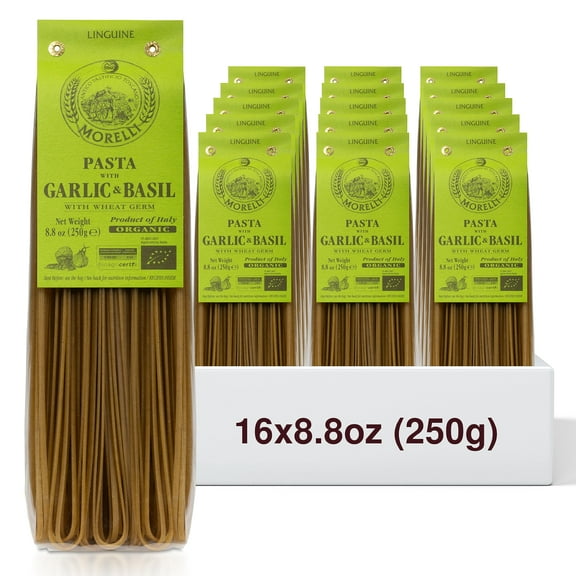 Morelli Organic Garlic and Basil Linguine Pasta - Gourmet Noodles Handmade in Small Batches, Durum Wheat Semolina, Al Dente, Italian Pasta from Italy - 8.8 oz / 250 g - Pack of 16