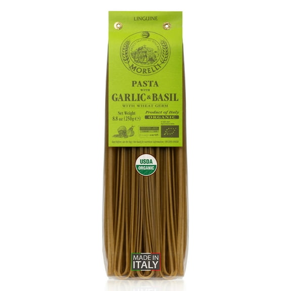 Morelli Organic Garlic and Basil Linguine Pasta - Gourmet Noodles Handmade in Small Batches, Durum Wheat Semolina, Al Dente, Italian Pasta from Italy - 8.8 oz / 250 g - Pack of 1