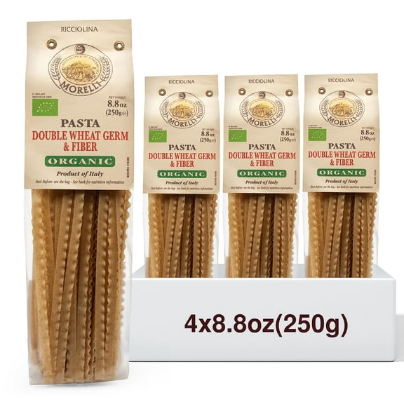 Morelli Mafalda Pasta, High Fiber Mafaldine Pasta, Imported from Italy (Ricciolina, Reginette With Bran and Double Wheat Germ) - 8.8 oz / 250 g (Pack of 4)
