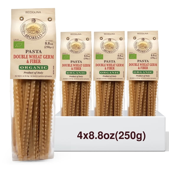 Morelli Mafalda Pasta, High Fiber Mafaldine Pasta, Imported from Italy (Ricciolina, Reginette with Bran and Double Wheat Germ) - 8.8 oz / 250 g (Pack of 4)