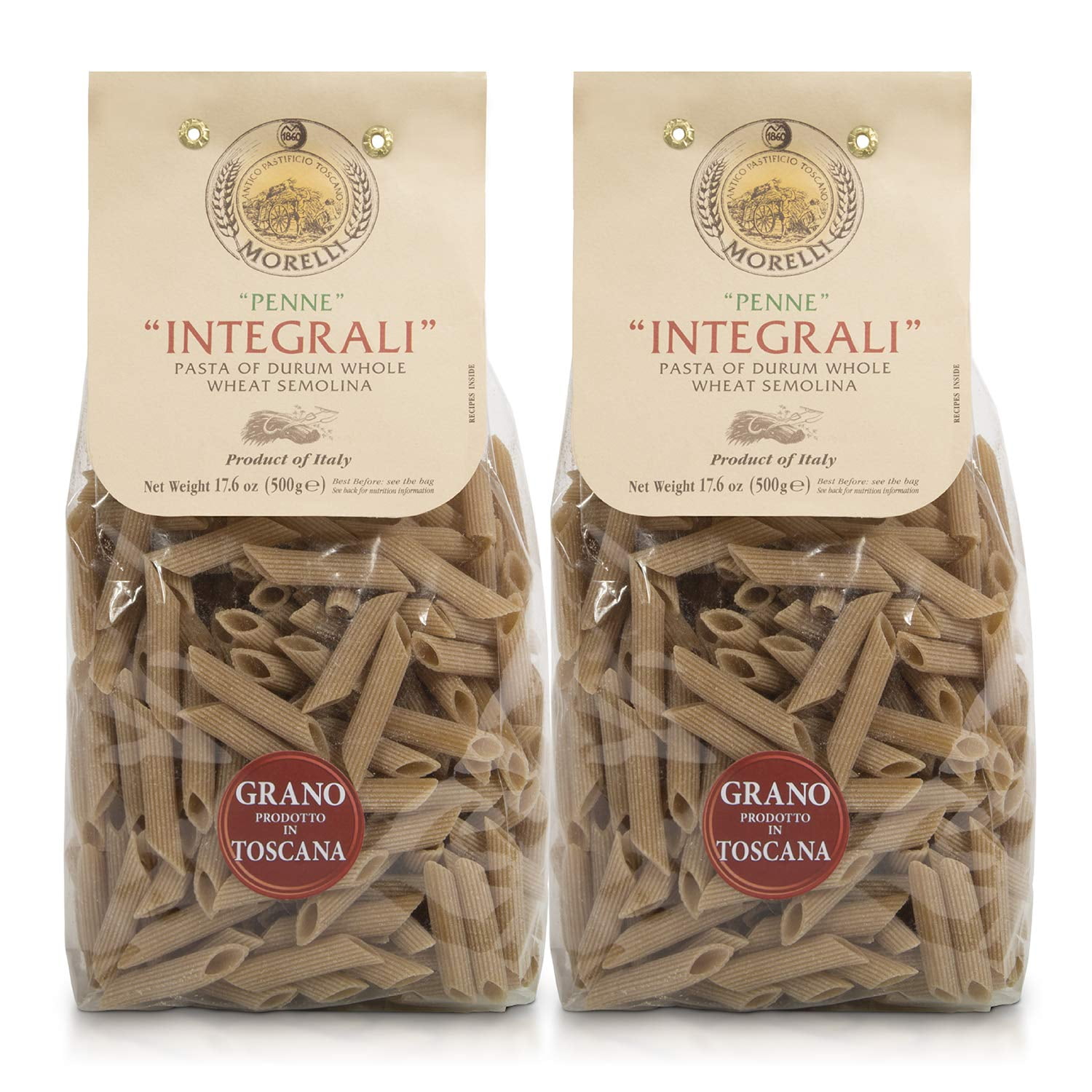 Morelli Organic Whole Wheat Penne Pasta Noodles - Handmade Premium Italian Pasta from Italy, Gourmet Imported Noodles Made With Durum Wheat Semolina - 17.6 Oz (500gr) - Pack of 2
