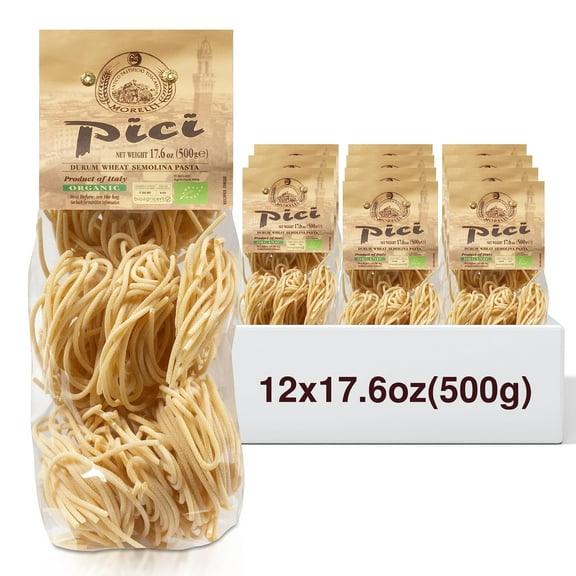 Morelli Pici Pasta di Toscana - Italian Gourmet Organic Pici Noodles - Thick Organic Pasta Nests Made in Italy from Durum Wheat Semolina - 17.6oz (500g) - Pack of 12