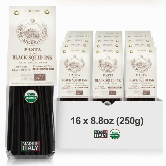 Morelli Squid Ink Pasta Linguine - Organic Black Pasta Noodles, Durum Wheat Semolina, Italian Nero Di Seppia Made in Italy - 8.8 oz / 250 g (Pack of 16)