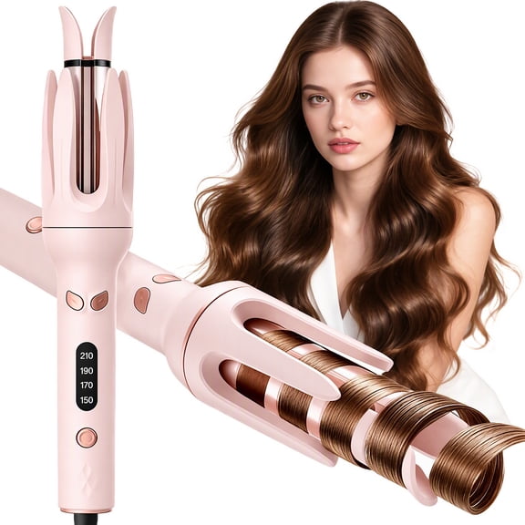 Moremore 1.10 in Automatic Curling Iron, Electric Curling Wand, Anti-Tangle Rotating Ceramic Hair Curler, Negative Ionic, Pink