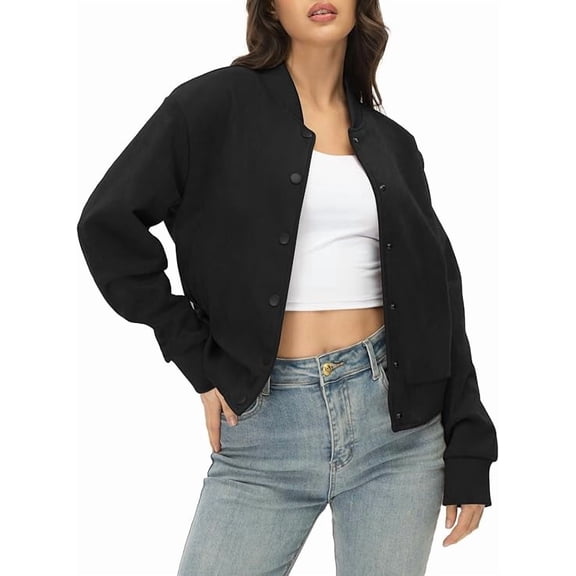 Moreone Women's Faux Suede Cropped Bomber Jacket Casual Outerwear Black S