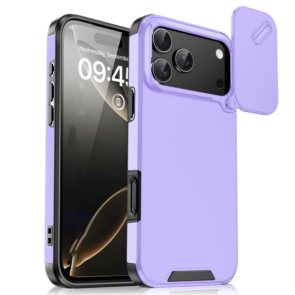 Moreoy Dual Layer Protective Case for iPhone 17 Pro Max with Built-in Slide Camera Lens Cover, Supports Wireless Charging, Hybrid Heavy Duty Shockproof Drop Protection Phone Shell,Purple